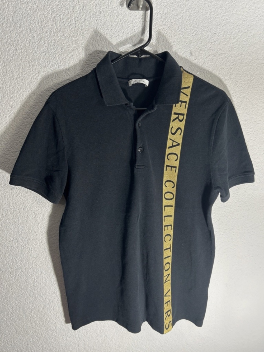 Versace Collection Authentic Gold Stripe Black Polo Shirt Sz Large Spellout